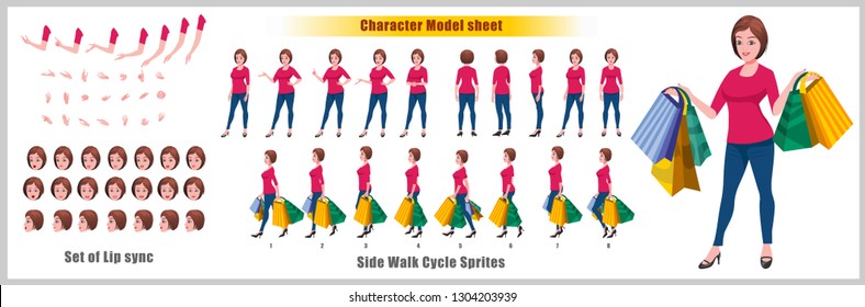 Shopping Woman Character Model Sheet With Walk Cycle Animation Flat Character Design. Front, Side, Back View Animated Character. Character Creation Set With Various Views, Face Emotions Andposes.