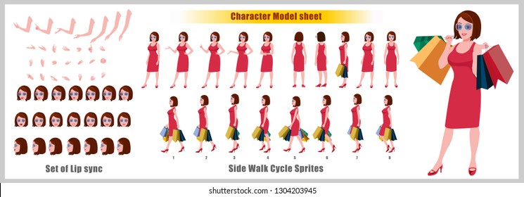 Shopping Woman Character Model Sheet With Walk Cycle Animation. Flat Character Design. Front, Side, Back View Animated Character. Character Creation Set With Various Views, Face Emotions And Poses.