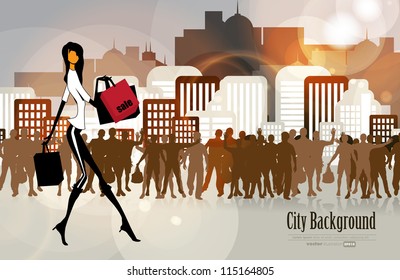 Shopping woman with city in background