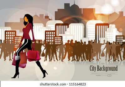Shopping woman with city in background