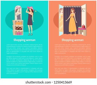 Shopping woman client in changing room trying on hat and dress vector. Mirror and lady wearing robe, hanger curtain. Customer choosing clothes and headwear