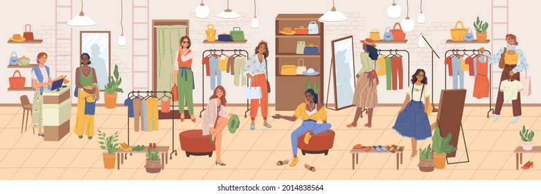 Shopping woman in cloth store, footwear and accessories flat cartoon illustration. Vector clothing shop interior, fashionable apparel for stylish women. Buyers and shop assistant, fitting room