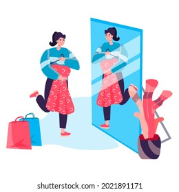 Shopping woman concept. Customer tries on dress in fitting room in front of mirror, chooses fashionable stylish outfit character scene. Vector illustration in flat design with people activities