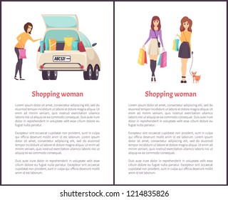 Shopping woman female lady walking with bags shoulder vector. Female puts purchases into car. Shopper with bought items, friends with pet sale poster