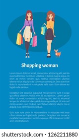 Shopping woman female lady walking with bags and handbag on shoulder vector. Shopper with bought items, friends with pet and purchases, sale poster