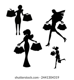 Shopping Woman Holding Bags silhouette set