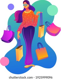 Shopping woman illustration in vibrant gradient. elongated modern woman figure wearing outfit.