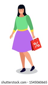 Shopping woman, isolated character with purchases. Female personage happy of sale and discounts in shop. Lady with paper bag and percent. Offers and propositions in shop and market vector in flat
