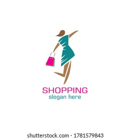 shopping woman logo, color illustration design template vector maker