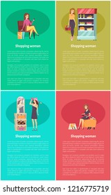 Shopping woman relaxing on cozy armchair set of posters with text sample vector. Fridge with fruits and vegetables, hat choosing, lady wearing shoes