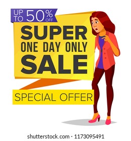 Shopping Woman Vector. Big Discount. Super Sale. Special Offer. Pleasure Of Purchase. Store. Surprised, Shocked. Joyful Female. Business Isolated Cartoon Illustration

