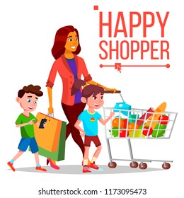 Shopping Woman Vector. With Children. Purchasing Concept. Happy Shopper. Smiling Girl. Holding Paper Packages. Joyful Female. Grocery Cart. Business Isolated Cartoon Illustration
