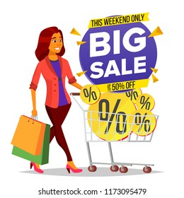 Shopping Woman Vector. Grocery Cart. Purchasing Concept. Smiling Girl. Big Discount. Holding Paper Bags. For Sales, Discounts. Business Isolated Cartoon Illustration
