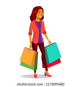 Shopping Woman Vector. Purchasing Concept. Shopping Day. Holding Paper Packages. Business Isolated Cartoon Illustration
