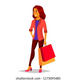 Shopping Woman Vector. Purchasing Concept. Store. Happy Shopper. Groceries In Shop, Supermarket. Holding Paper Packages. Business Isolated Cartoon Illustration

