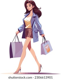 Shopping woman walking with various shopping bags, in the style of detailed character design, dark brown and dark azure and watercolor illustrations. 