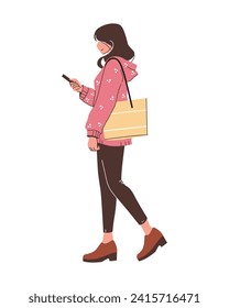 Shopping Woman Walking While Looking at Handphone