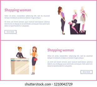 Shopping woman web posters, female admiring fashionable brand clothes placed on mannequins showcase, girl in jewelry store trying on new ring vector