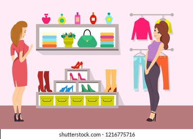 Shopping women in accessories boutique vector. Shoppers looking at boots and shoes on shelves of shop. Clothes and perfume bottles in luxury store