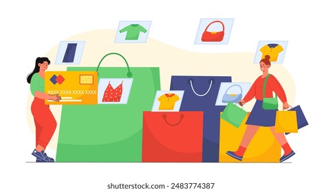 Concepto de mujeres de compras. Chicas jóvenes con bolsas de compras. Adictos a las compras en el centro comercial o boutique. Moda, tendencia y estilo. Ilustración vectorial plana aislada sobre fondo blanco