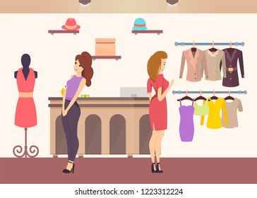 Shopping women looking at outfits on mannequins in store vector. Shelves with hats accessories, dresses and jackets, sweaters and top brand cloth