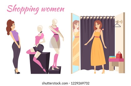 Shopping women, mannequins with underwear and dress. Poster with lady in changing room trying on dress. Buying items and clothes isolated set vector