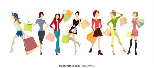 Shopping women set. Elegant, young and slim women in different outfits with colorful shopping bags on white background.