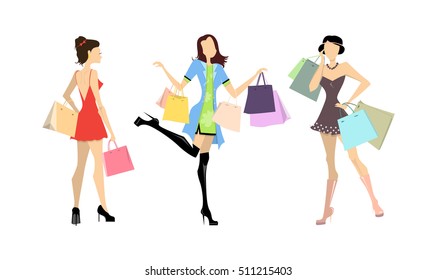 Shopping women set. Elegant, young and slim women in different outfits with colorful shopping bags on white background.