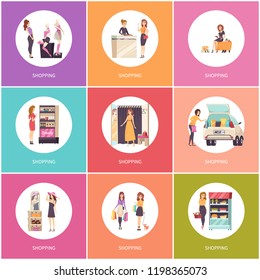 Shopping women in shops poster set with text vector. Trying on dress, shoes and jewelry items, hat and carrying bags. Purchasing of cosmetics and food