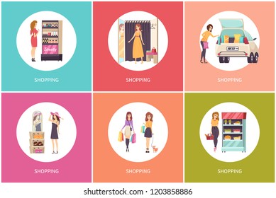 Shopping women in shops poster set with text vector. Trying on dress, shoes and jewelry items, hat and carrying bags. Purchasing of cosmetics and food