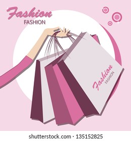 Shopping. Young Fashionable Woman.  Vector Illustration