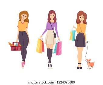 Shopping young females with bags isolated set vector. Lady with basket and food, bread and vegetables. Walking dog on leash and carrying packages