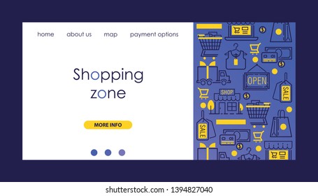 Shopping zone vector illustration. Delivery, discount services banners. Cart with goods. Shops and malls with advertising on window. Website for discounts. Clothing for sale. Cash. Shopping bag.