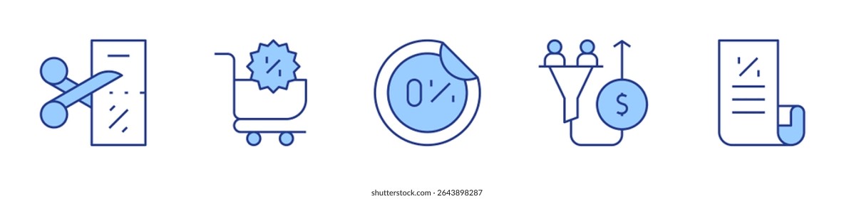 shoppingcart, bill, percent, cut, salespipeline. Sales Icon vector illustration. Line Duotone style. Editable stroke.