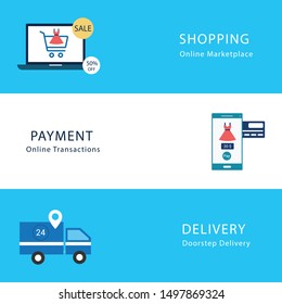 shopping,delivery and payment with blue and white background