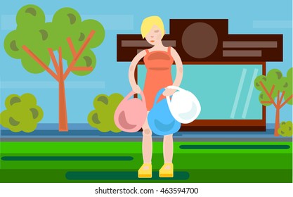 Shopping.Girl carrying heavy shopping bags. Vector illustration