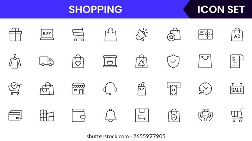 Coleção de ícones de linha de vetor com temas de compras com carrinhos, bolsas, lojas, etiquetas de vendas, entrega, pagamentos e elementos de e-commerce em um estilo mínimo.