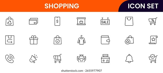 Shopping-themed vector line icon collection featuring carts, bags, stores, sales tags, delivery, payments, and e-commerce elements in a minimal style.