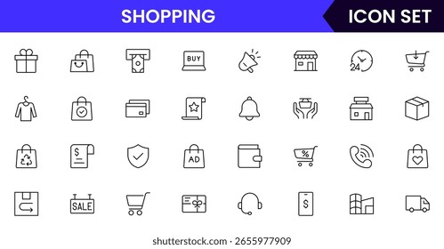 Colección de íconos de línea de Vector con temática de compras que presenta Carritos, bolsos, tiendas, etiquetas de ventas, entrega, pagos y Elementos de comercio electrónico en un estilo mínimo.