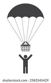 shoppoing basket cart fly landing to person man on parachute icon