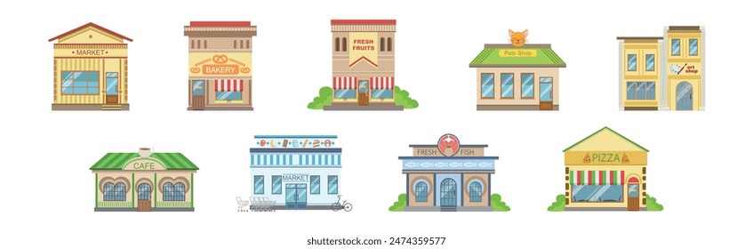 Shops Building Front und Exterior auf City Street Vektorgrafik Set