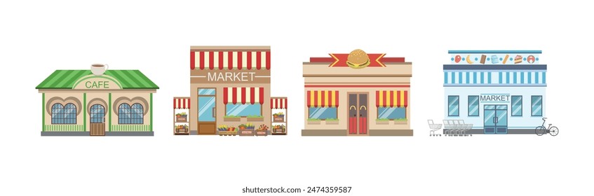 Shops Building Front and Exterior on City Street Vector Set