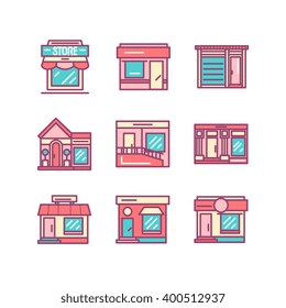 Shops buildings and architecture icons sings set. Thin line art icons. Flat style illustrations isolated on white. Line icons for design projects.