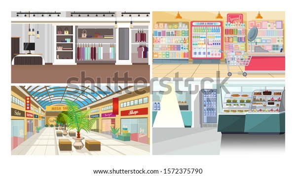 店やカフェの平らなベクターイラストセット モール 食品店 服屋 買い物のコンセプト のベクター画像素材 ロイヤリティフリー