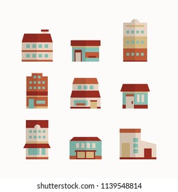 Shops and city building flat design vector icon set