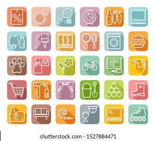 Shops, color icons, thin outline, vector. Different categories of goods. 