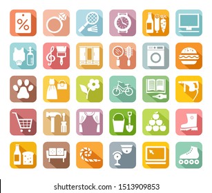 Shops, colored flat icons, vector. Different categories of stores. White icons on a colored field with a shadow.  