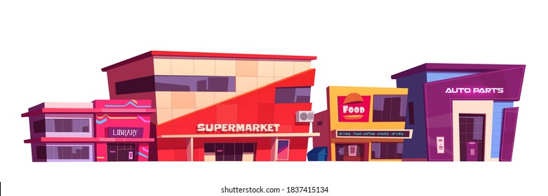 Shops and commercial buildings exterior isolated on white background. Vector cartoon set of cafe, library and supermarket facade. Modern city architecture of auto parts store