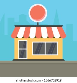 Shops Facades Flat Illustrations Set. Family Bakery, Grocery Store Exterior. Clothes Fashion Boutique Isolated Clipart. Pharmacy, Drugstore Building Design Element. Shopping, Commerce, Trade