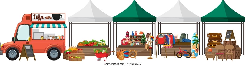 Shops at flea market on white background illustration